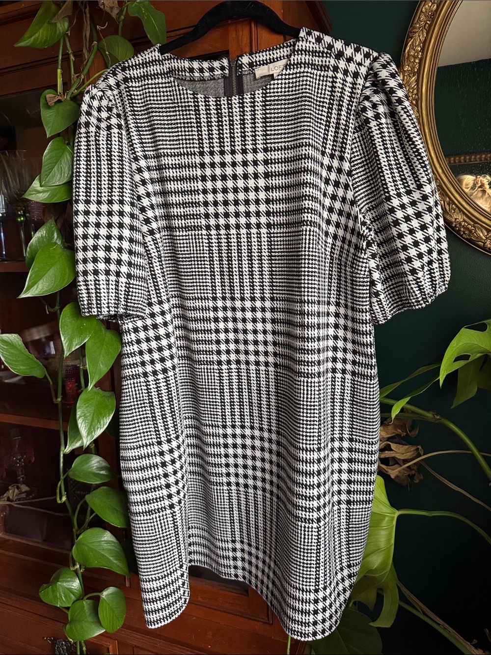 LOFT Black and White Plaid Puff-Sleeve Mini Dress